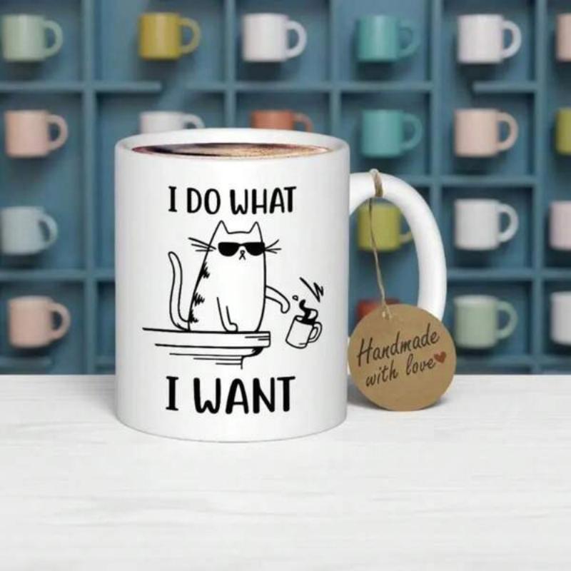 Tailorly White Ceramic 11 oz Mug - I Do What I Want Sassy Line Art Feline Wearing Sunglasses Pushing Cup Off Ledge Cat