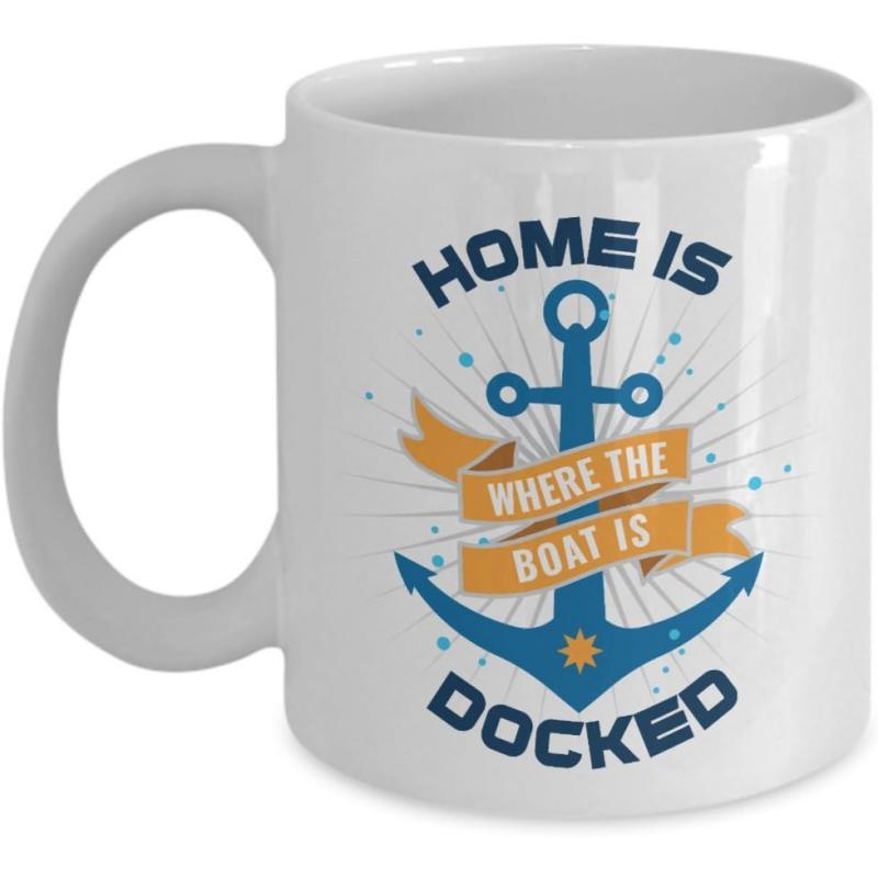 Tailorly White Ceramic 11 oz Mug - Home Is Where The Boat Is Docked Nautical Blue Anchor Featuring Golden Banner Among Shining Rays Anchor