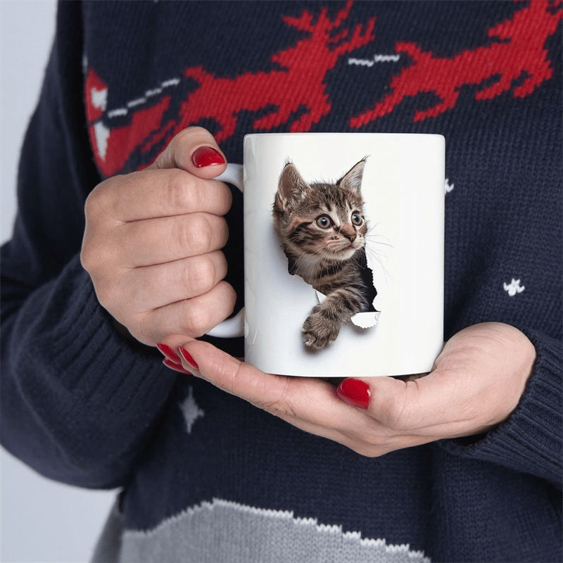 Tailorly White Ceramic 11 oz Mug - Realistic Tabby Peeking Out From Torn Paper Effect White Background Kitten