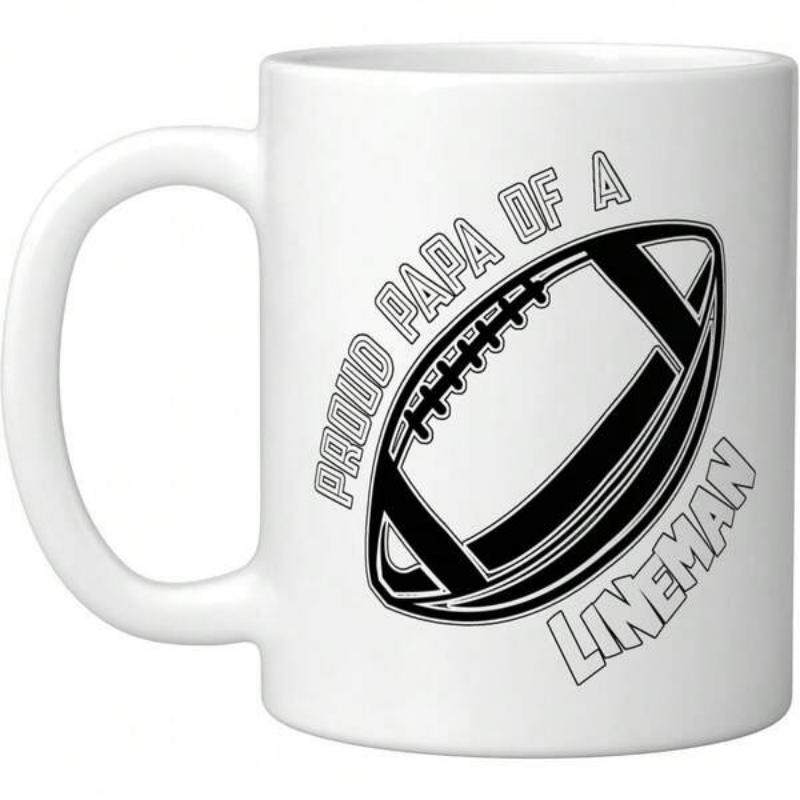 Tailorly White Ceramic 11 oz Mug - Proud Papa Of A Lineman Bold Stylized Sports Ball Featuring Iconic Black And White Outlines Football