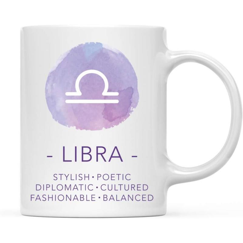 Tailorly White Ceramic 11 oz Mug - Libra Stylish Poetic Diplomatic Cultured Fashionable Balanced Purple Watercolor Splash Featuring A White Minimalist Zodiac