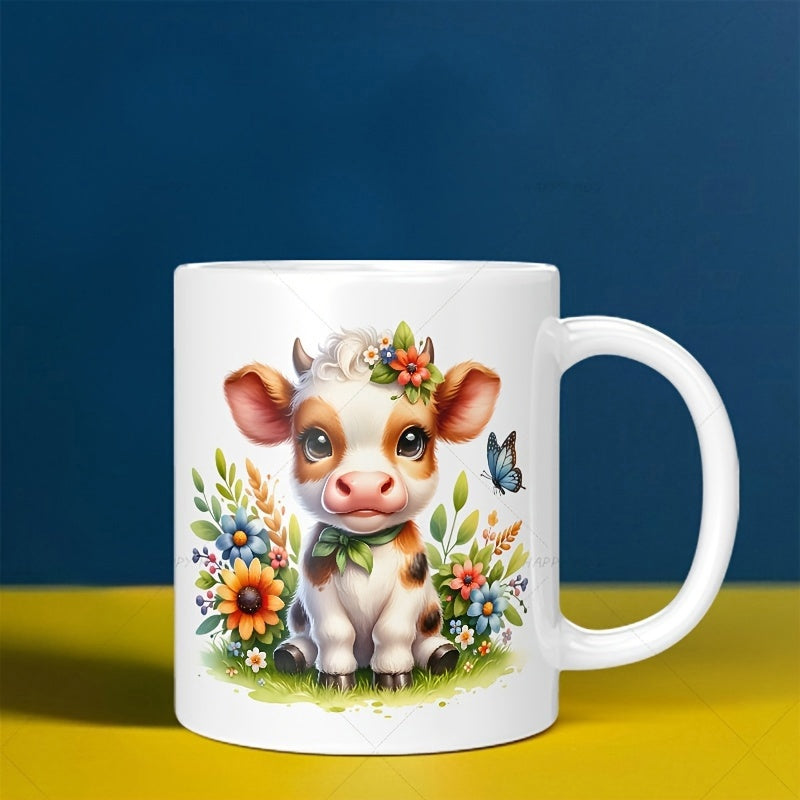 Tailorly White Ceramic 11 oz Mug - Adorable Spotted Calf Surrounded By Sunflowers And Flying Blue Butterfly Cow
