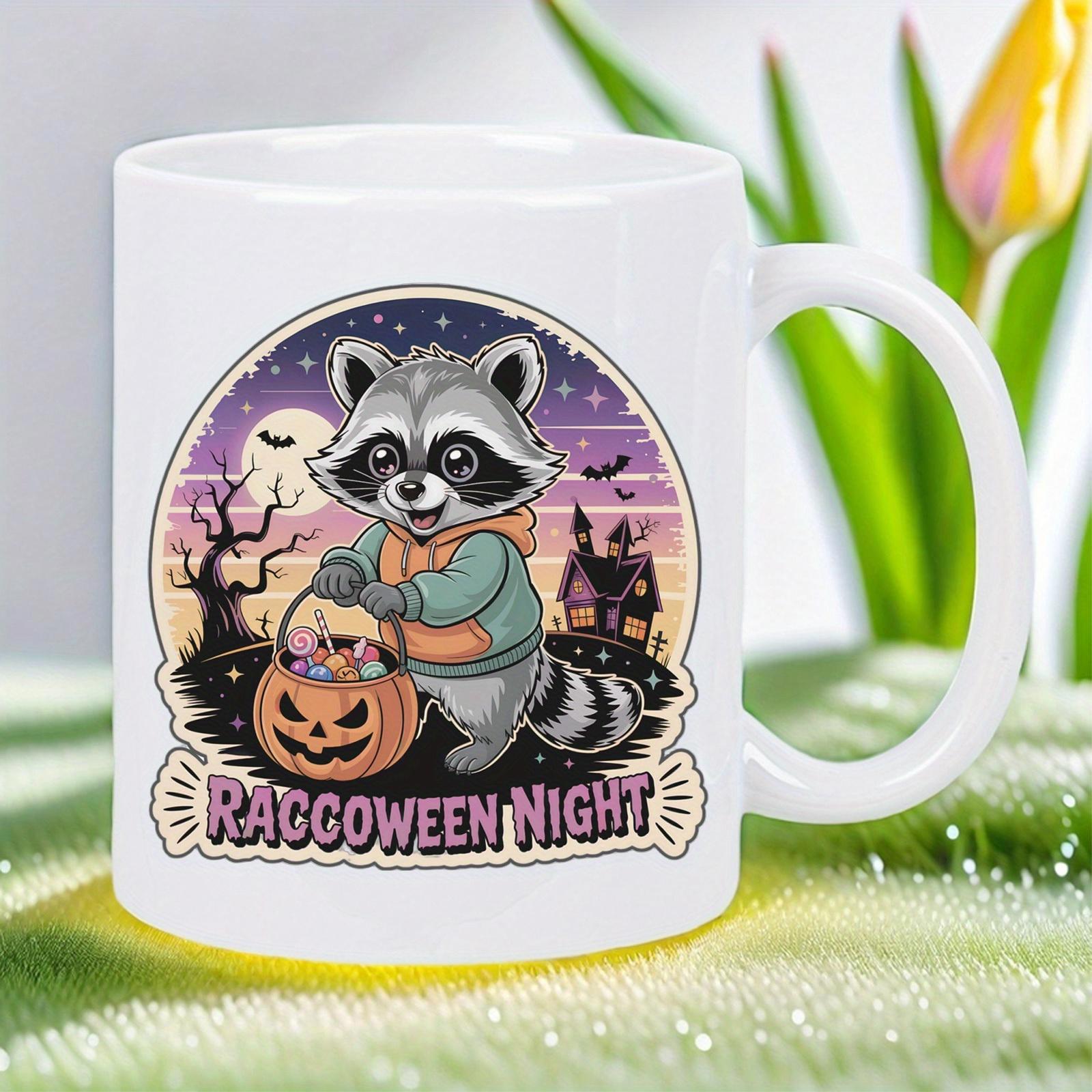 Tailorly White Ceramic 11 oz Mug - Raggoween Night Smiling Cute Raccoon Holding Halloween Pumpkin Bucket Under Purple Moon Raccoon