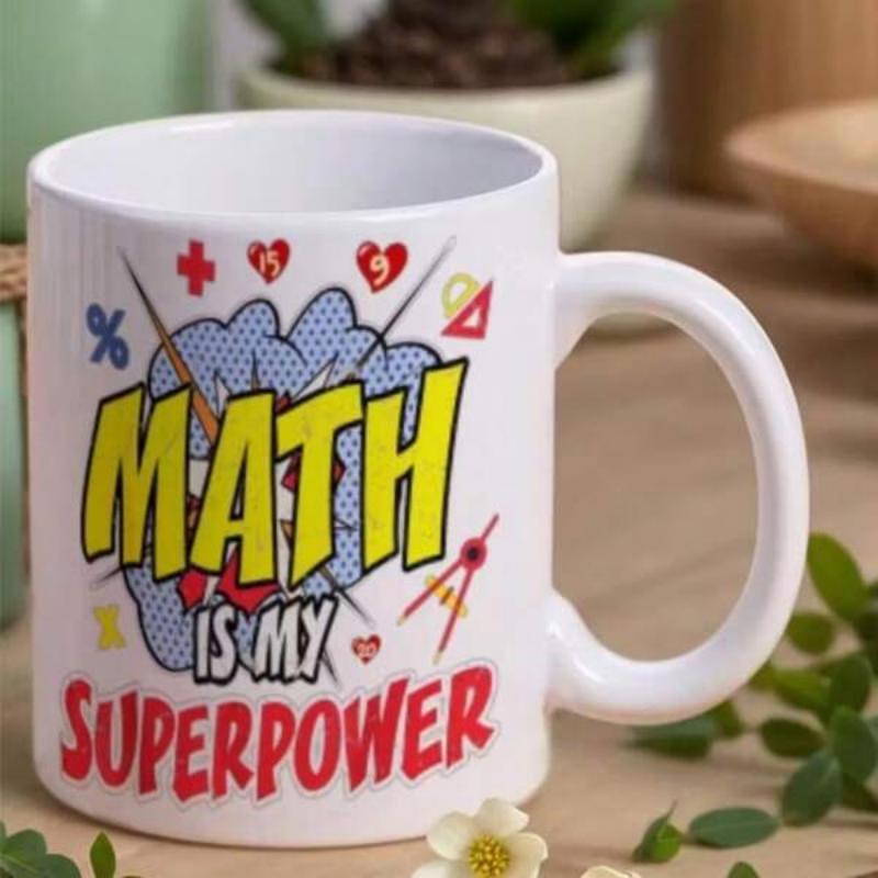 Tailorly White Ceramic 11 oz Mug - Math Is My Superpower Vibrant Comic Style Brain Featuring Educational Math Symbols And Geometric Tools Mug