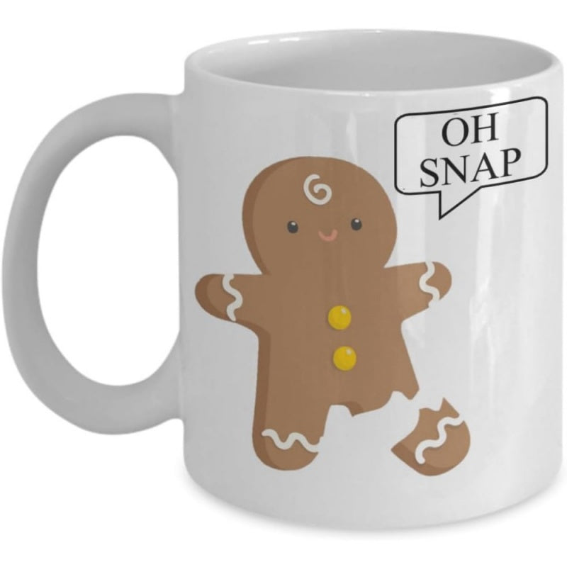 Tailorly White Ceramic 11 oz Mug - Oh Snap Smiling Brown Cookie With White Icing Details And Broken Leg Gingerbread Man