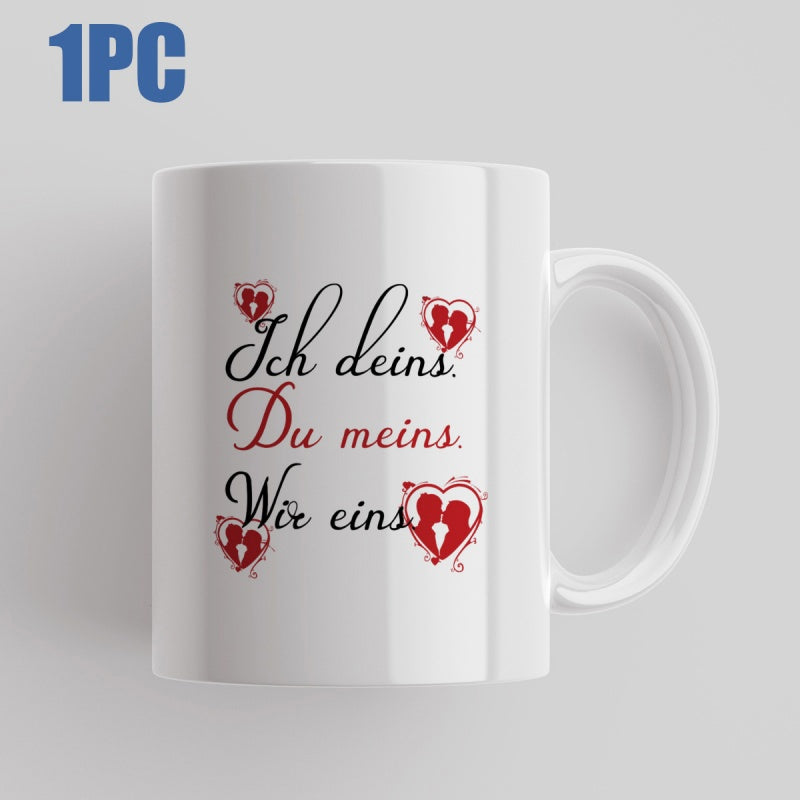 Tailorly White Ceramic 11 oz Mug - Romantic Red Hearts With Couple Silhouettes Floating In Elegant Script Arrangement Heart