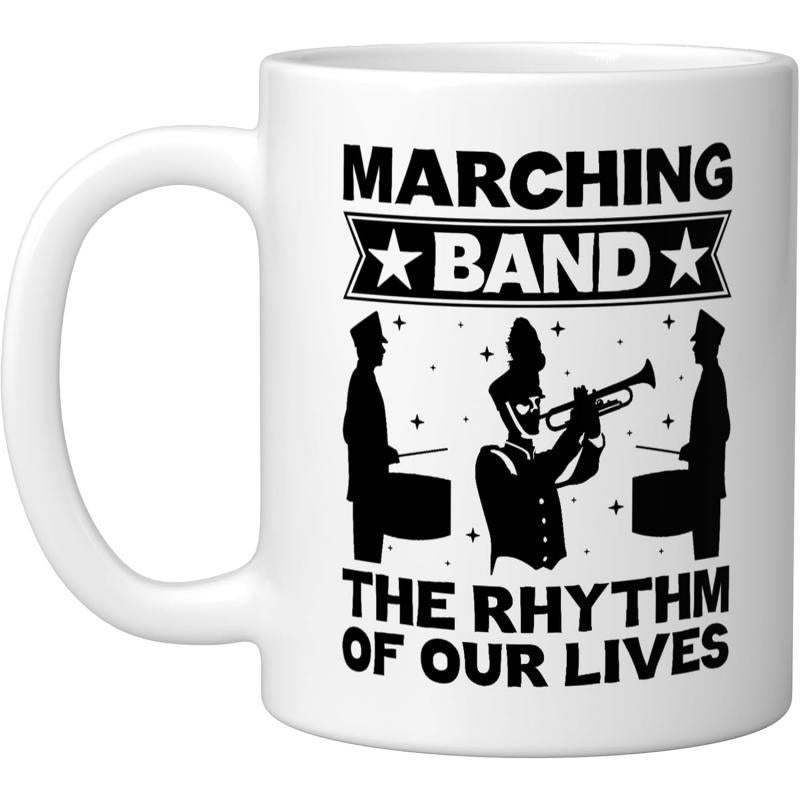 Tailorly White Ceramic 11 oz Mug - Marching Band The Rhythm Of Our Lives Silhouettes Of Musicians Playing Instruments Under Stars In A Formal Uniform Band
