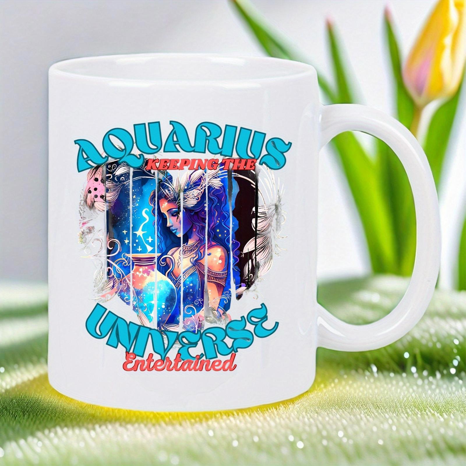 Tailorly White Ceramic 11 oz Mug - Aquarius Keeping The Universe Entertained Celestial Figure Shining Among Cosmic Stars Within Vertical Geometric Frames Goddess