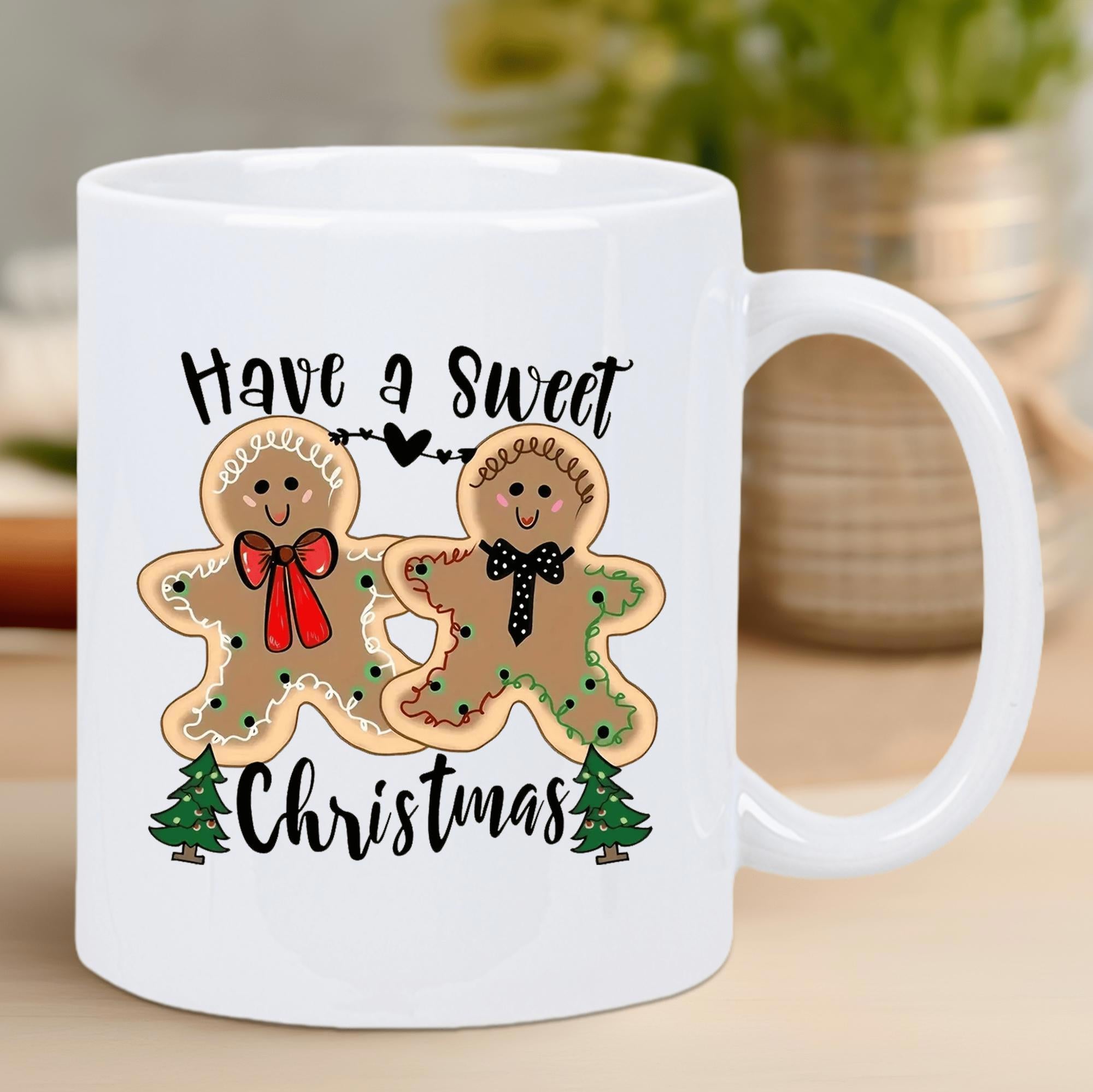 Tailorly White Ceramic 11 oz Mug - Have A Sweet Christmas Festive Decorated Gingerbread People Among Small Green Pine Trees Gingerbread
