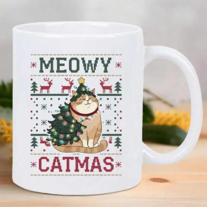 Tailorly White Ceramic 11 oz Mug - Meowy Catmas Festive Chubby Feline Wearing Tree Costume Among Holiday Reindeer Pattern Cat
