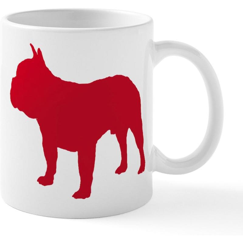 Tailorly White Ceramic 11 oz Mug - Vibrant Red Silhouette Standing With Alert Ears In A Minimalist Style French Bulldog