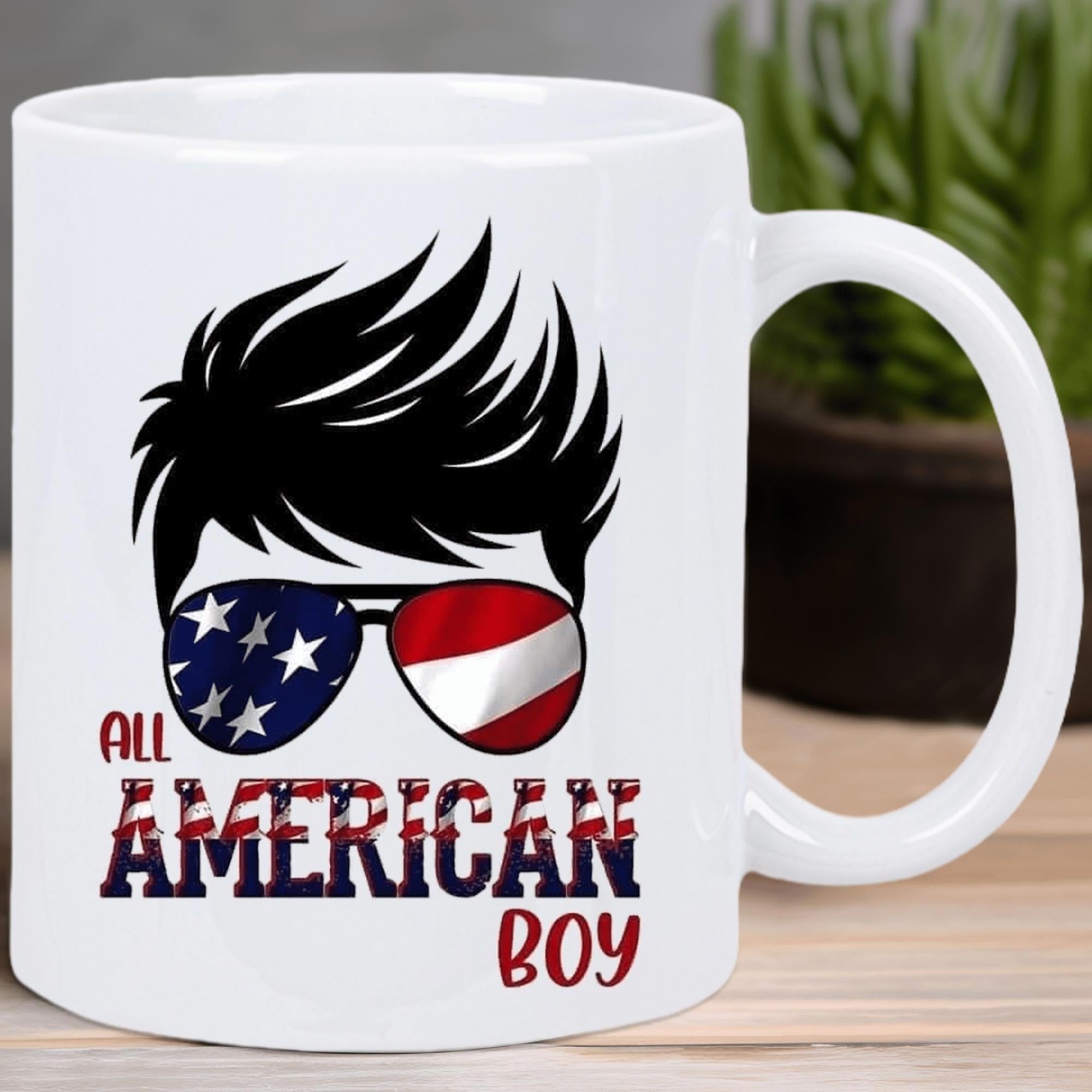 Tailorly White Ceramic 11 oz Mug - All American Boy Spiky Hair Silhouette Wearing Patriotic American Flag Aviator Sunglasses Boy