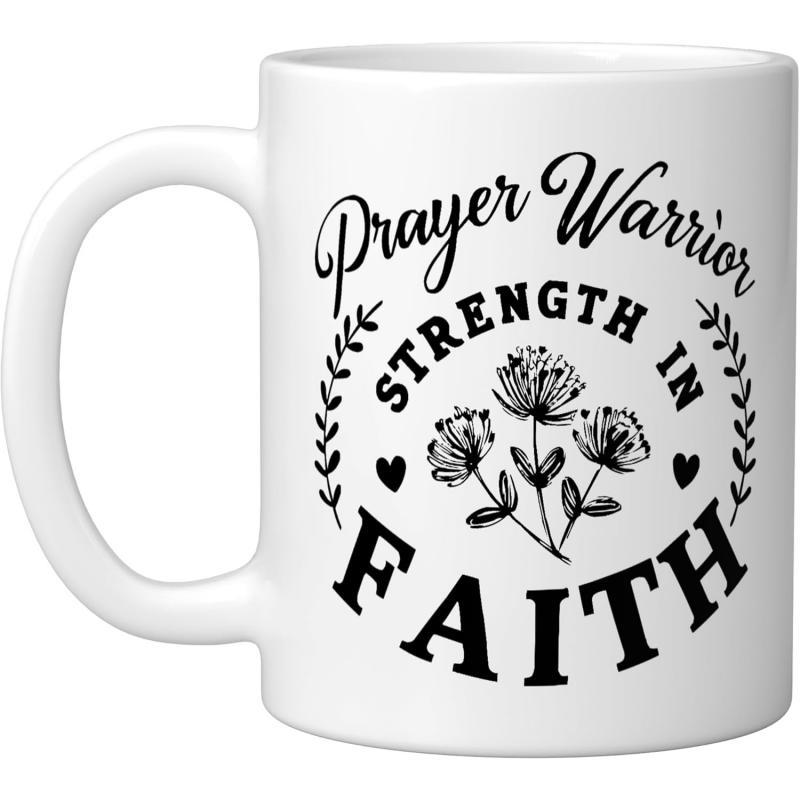 Tailorly White Ceramic 11 oz Mug - Prayer Warrior Strength In Faith Delicate Hand Drawn Blossoms Surrounded By Laurel Leaves And Hearts Flower