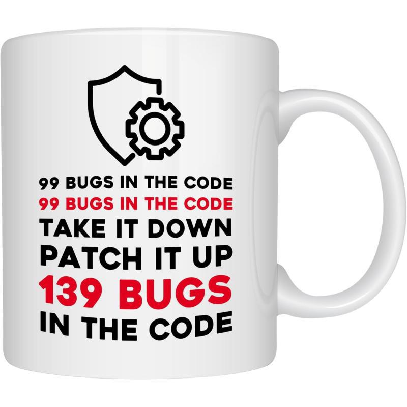 Tailorly White Ceramic 11 oz Mug - 99 Bugs In The Code Take It Down Patch It Up 139 Bugs In The Code Minimalist Mechanical Gear Overlapping A Solid Protective