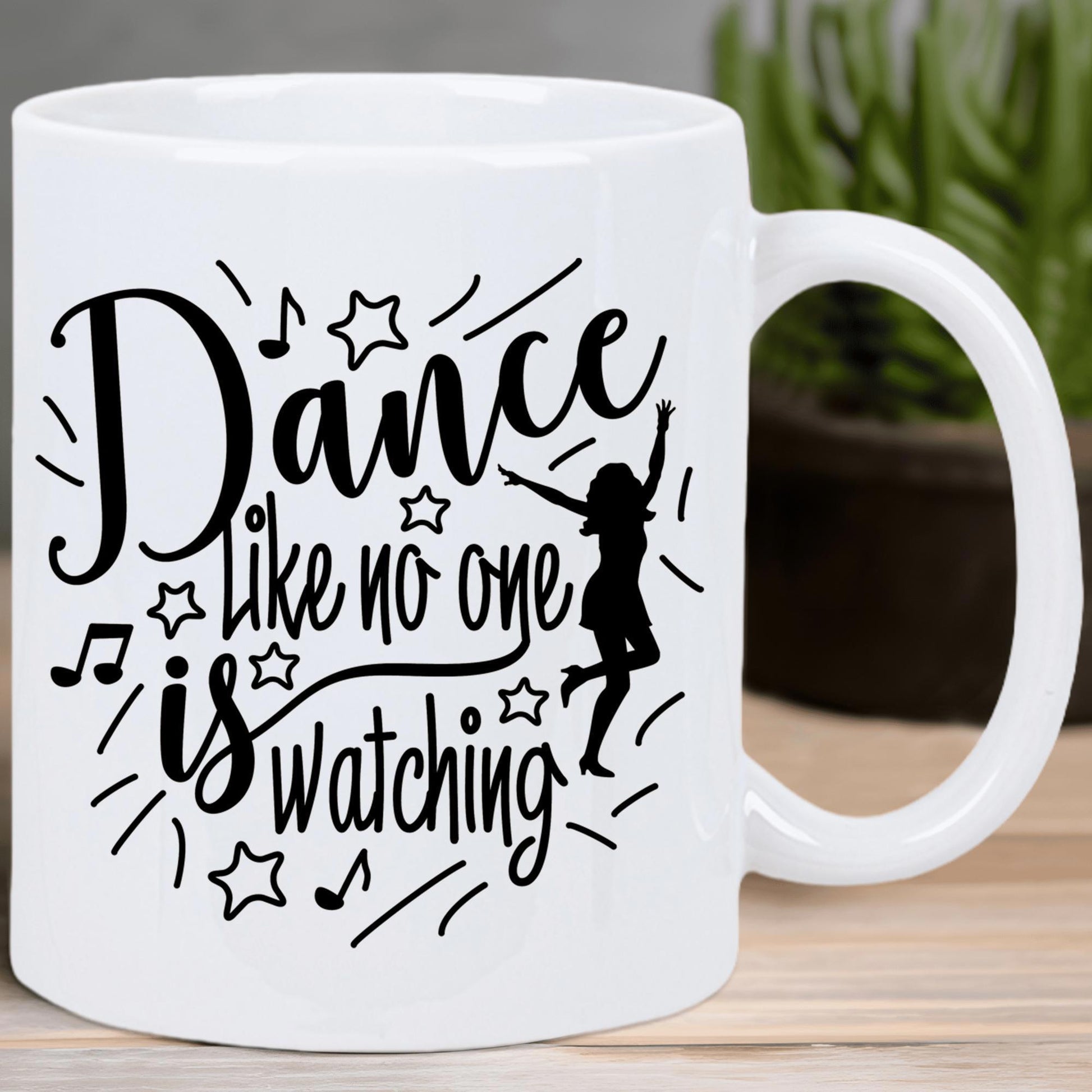 Tailorly White Ceramic 11 oz Mug - Dance Like No One Is Watching Joyful Woman Dancing Among Musical Notes And Radiant Stars Silhouette
