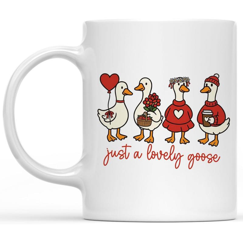 Tailorly White Ceramic 11 oz Mug - Just A Lovely Goose Four Adorable Cartoon Birds Wearing Festive Red Outfits With Hearts And Flowers Goose