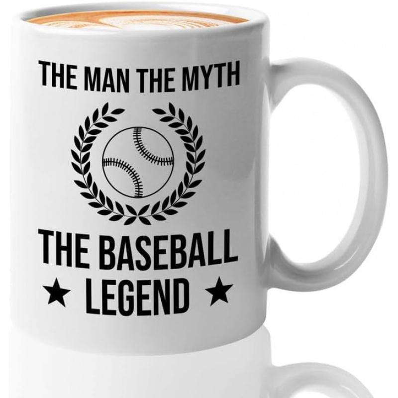 Tailorly White Ceramic 11 oz Mug - The Man The Myth The Baseball Legend Classic Baseball Icon Surrounded By Laurel Wreath And Small Symmetrical Stars Baseball