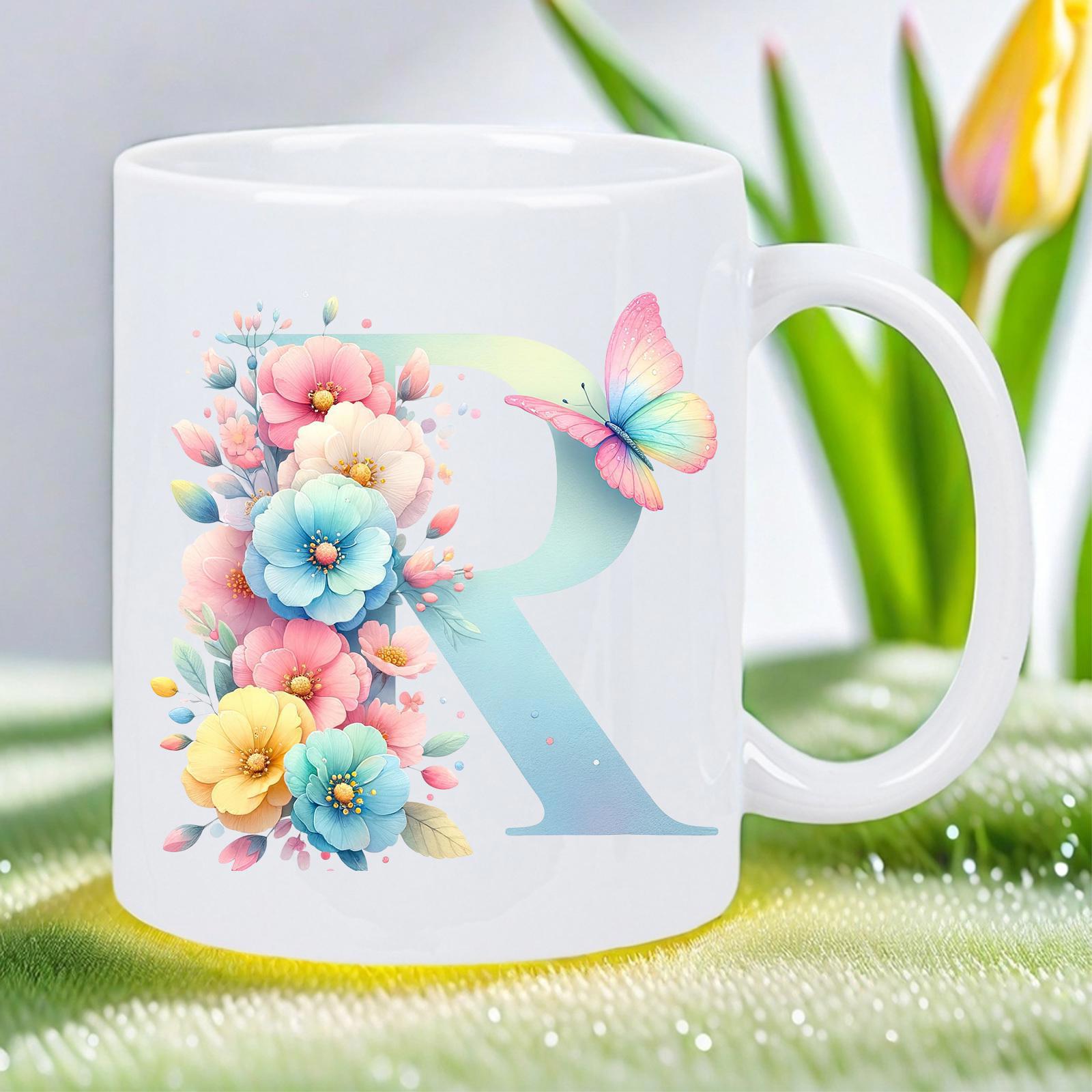 Tailorly White Ceramic 11 oz Mug - Elegant Pastel Letter R Surrounded By Vibrant Spring Blossoms And Butterfly Flower