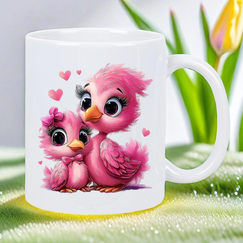 Tailorly White Ceramic 11 oz Mug - Two Adorable Pink Cartoon Feathered Birds Surrounded By Sweet Hearts Bird