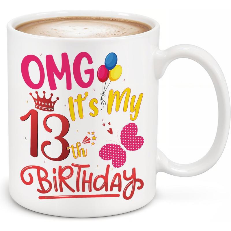 Tailorly White Ceramic 11 oz Mug - Omg Its My 13th Birthday Colorful Balloons Fluttering With A Pink Butterfly And Royal Crown Decoration Mug