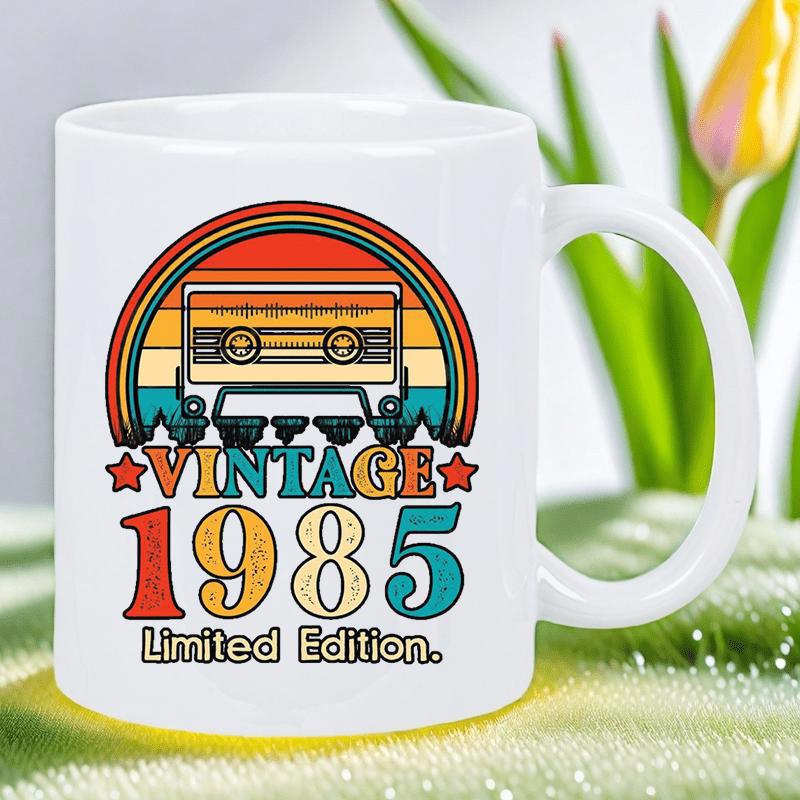 Tailorly White Ceramic 11 oz Mug - Vintage 1985 Limited Edition Retro Musical Cassette Tape Within A Vibrant Sunset Arch Cassette