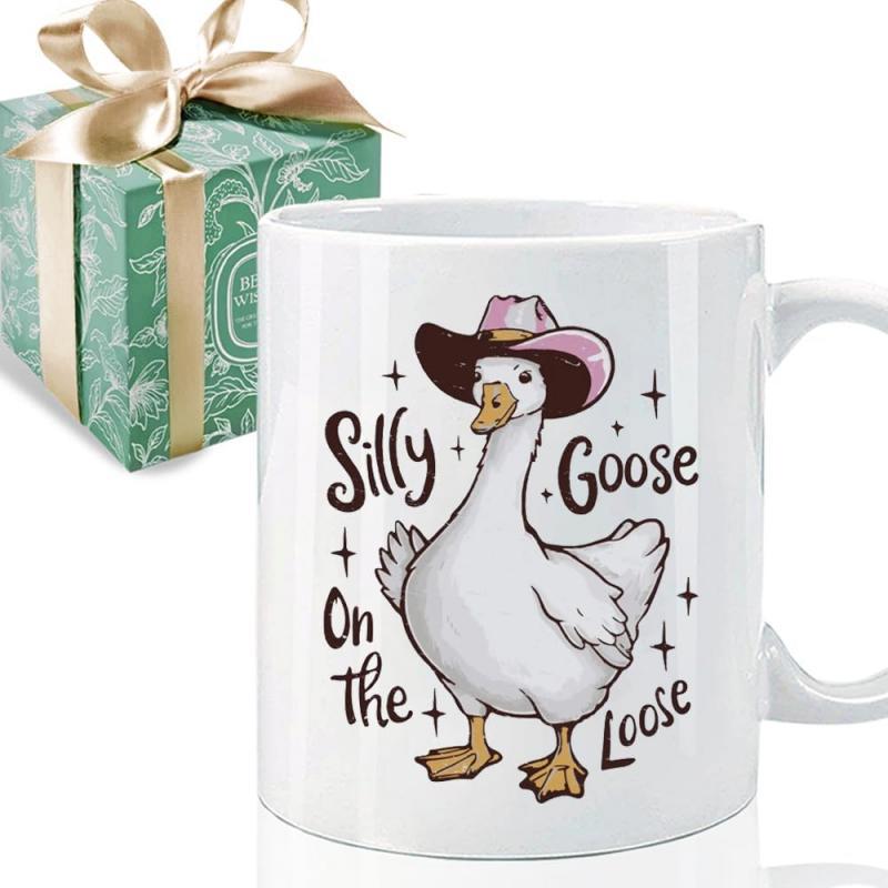 Tailorly White Ceramic 11 oz Mug - Silly Goose On The Loose Hand Drawn Bird Wearing Pink Cowboy Hat Surrounded By Sparkles Goose