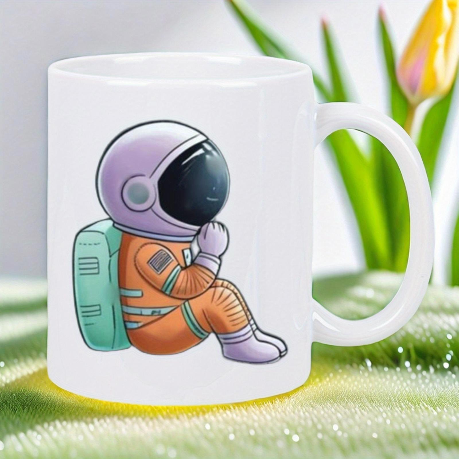 Tailorly White Ceramic 11 oz Mug - Cute Cartoon Character Resting Quietly In Bright Orange Spacesuit Astronaut