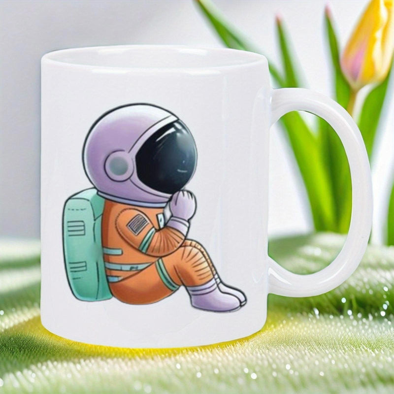 Tailorly White Ceramic 11 oz Mug - Cute Cartoon Character Resting Quietly In Bright Orange Spacesuit Astronaut