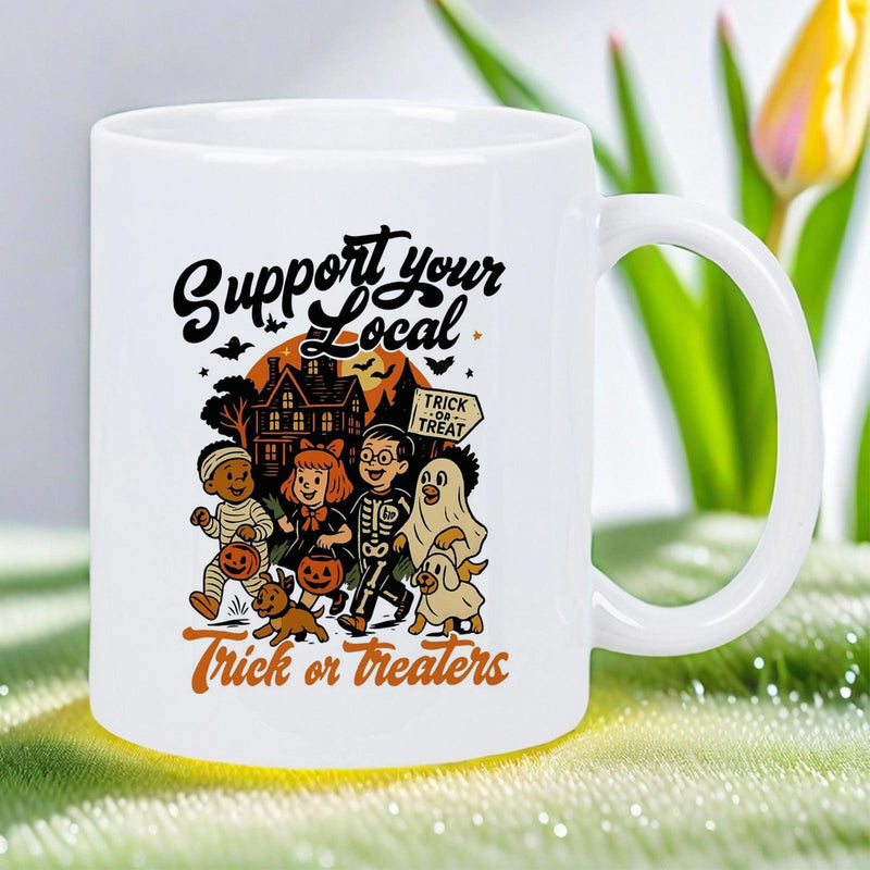 Tailorly White Ceramic 11 oz Mug - Support Your Local Trick Or Treaters Costumed Children Walking Past A Haunted House Under Moon Trick Or Treaters