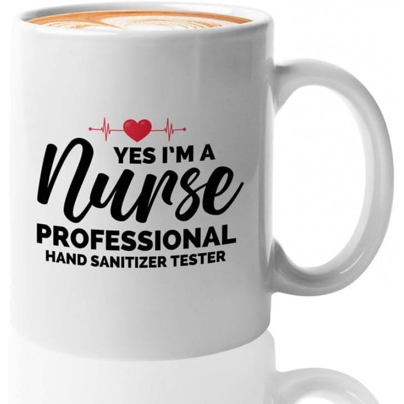 Tailorly White Ceramic 11 oz Mug - Yes Im A Nurse Professional Hand Sanitizer Tester Vibrant Red Heart Symbol Featuring Medical Heartbeat Pulse Line Pattern Nurse