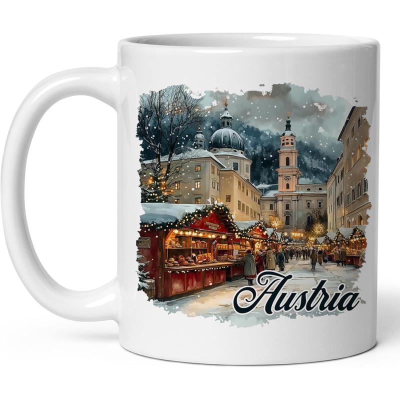 Tailorly White Ceramic 11 oz Mug - Austria Cozy Winter Christmas Market With Snowy Historical Buildings Under Lights Town