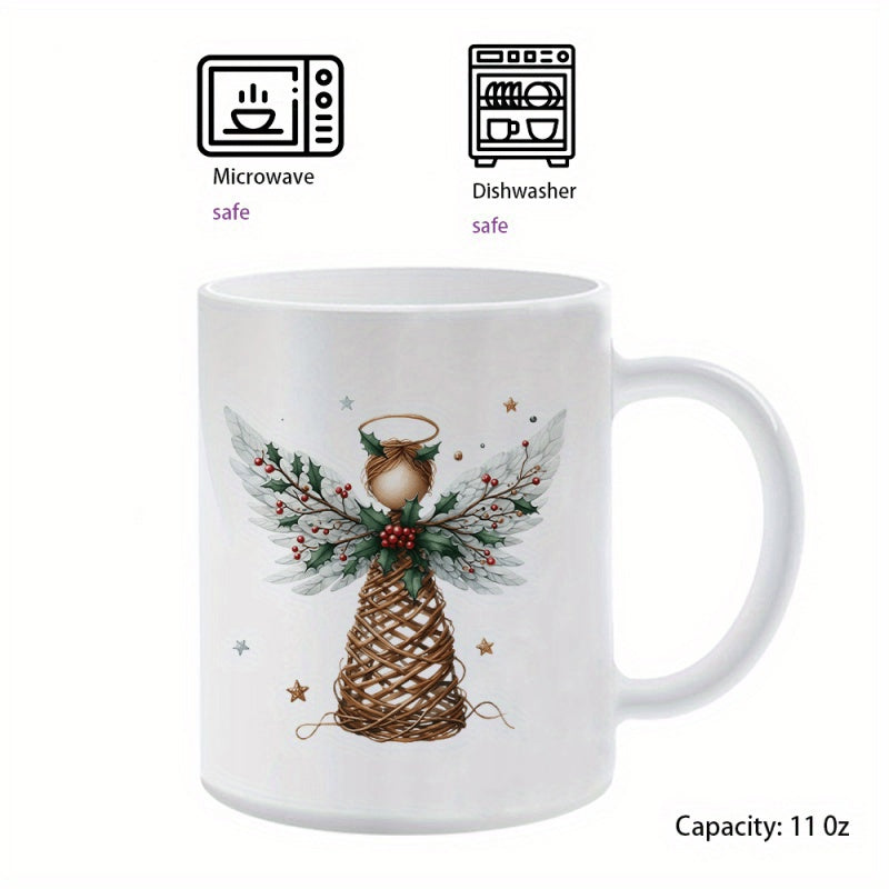 Tailorly White Ceramic 11 oz Mug - Rustic Twine Body With Pine Branch Wings And Red Berries Seasonal Angel