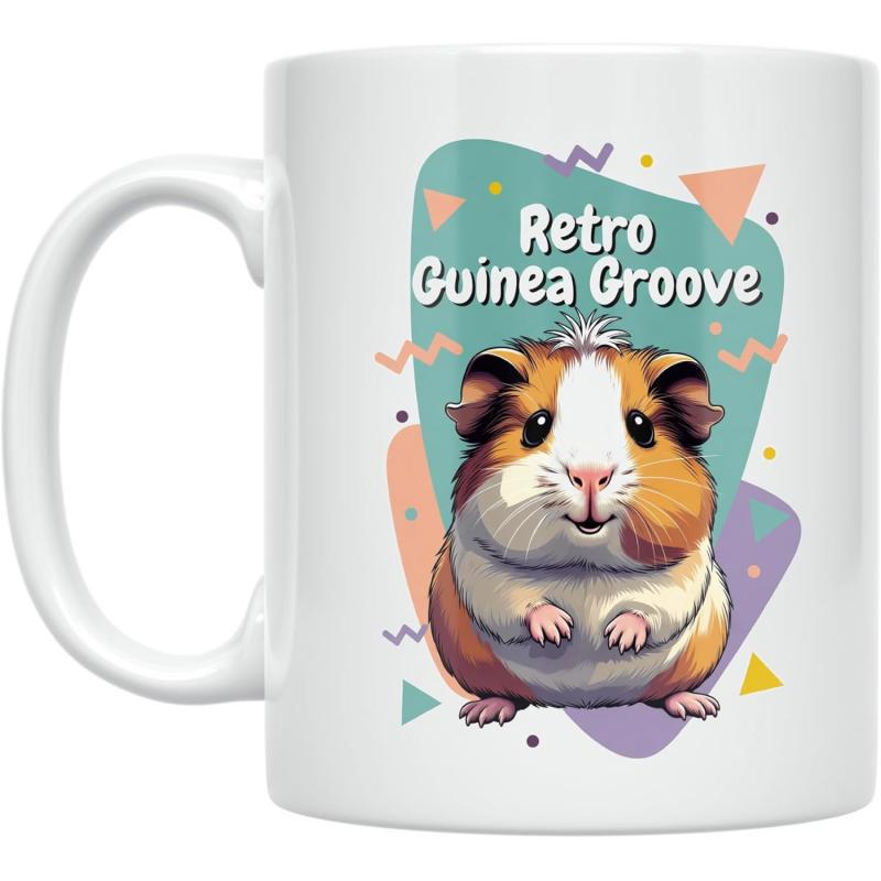 Tailorly White Ceramic 11 oz Mug - Retro Guinea Groove Adorable Tricolor Pet Sitting Among Colorful Vibrant Retro Geometric Shapes Guinea Pig