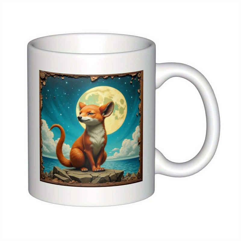 Tailorly White Ceramic 11 oz Mug - Peaceful Red Fox Sitting On Rocks Under A Luminous Full Moon Fox