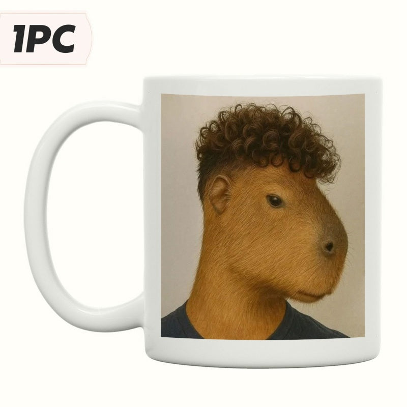 Tailorly White Ceramic 11 oz Mug - Humorous Brown Capybara With Stylish Curly Hair Wearing Casual Dark Shirt Capybara