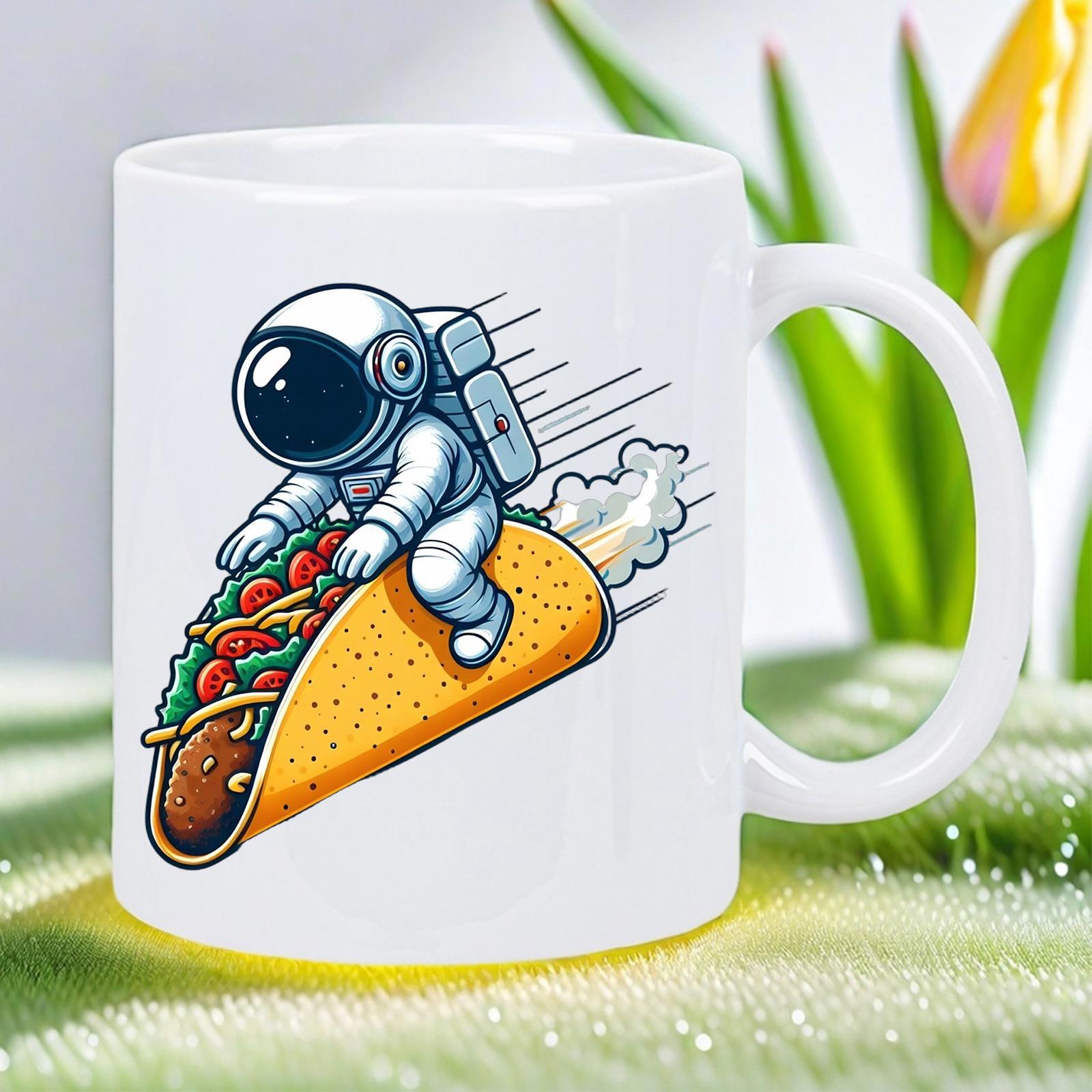 Tailorly White Ceramic 11 oz Mug - Cartoon Character Flying Through Space While Riding A Giant Crispy Mexican Taco Astronaut