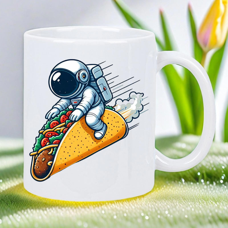 Tailorly White Ceramic 11 oz Mug - Cartoon Character Flying Through Space While Riding A Giant Crispy Mexican Taco Astronaut