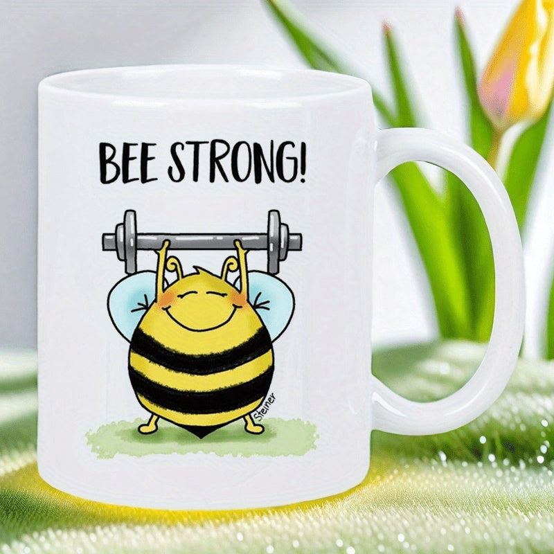 Tailorly White Ceramic 11 oz Mug - Bee Strong Cute Smiling Cartoon Bee Lifting Heavy Metallic Barbell On Green Grass Bee
