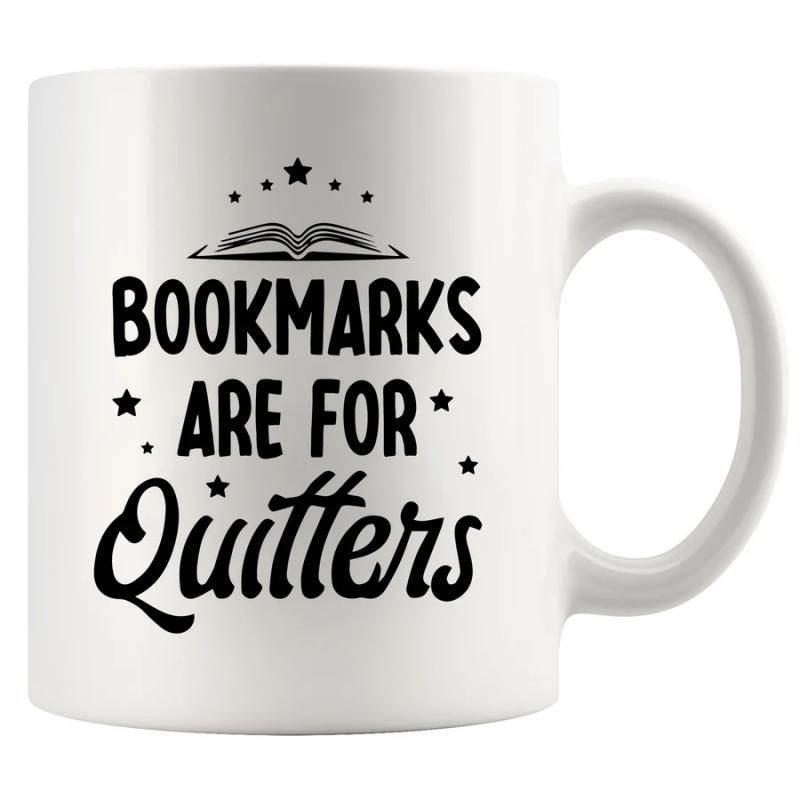 Tailorly White Ceramic 11 oz Mug - Bookmarks Are For Quitters Minimalist Open Pages With Twinkling Small Stars Surrounding Literary Book