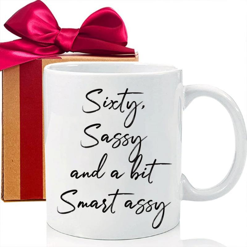 Tailorly White Ceramic 11 oz Mug - Sixty Sassy And A Bit Smart Assy Elegant Hand Written Script On Smooth