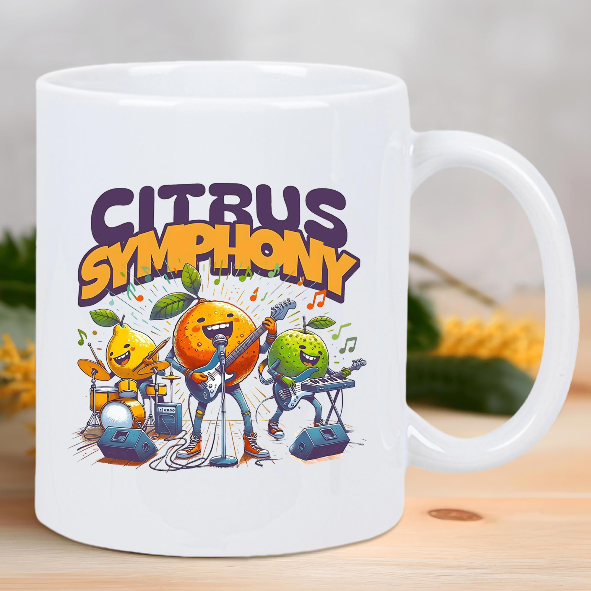 Tailorly White Ceramic 11 oz Mug - Citrus Symphony Cartoon Citrus Fruits Playing Musical Instruments Surrounded By Dancing Floating Music Notes Band