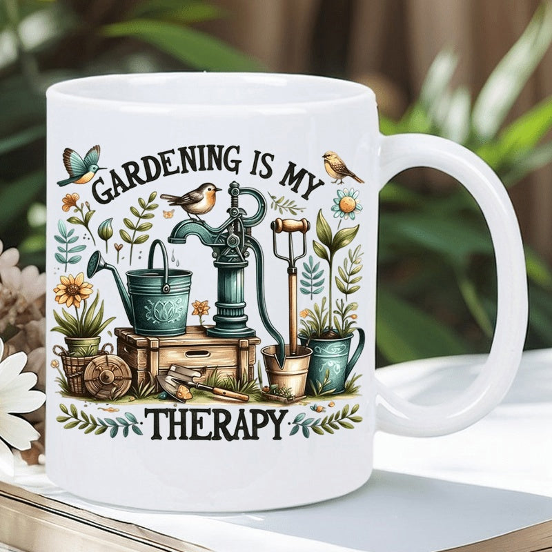 Tailorly White Ceramic 11 oz Mug - Gardening Is My Therapy Vintage Water Pump And Tools With Little Birds In A Flowering Garden