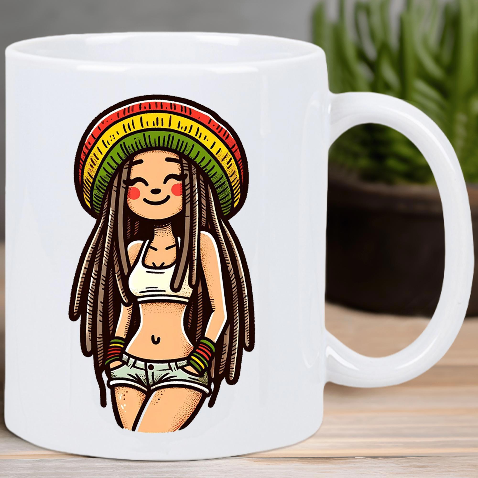 Tailorly White Ceramic 11 oz Mug - Vibrant Cartoon Character With Long Dreadlocks Wearing Colorful Striped Beanie Hat Girl