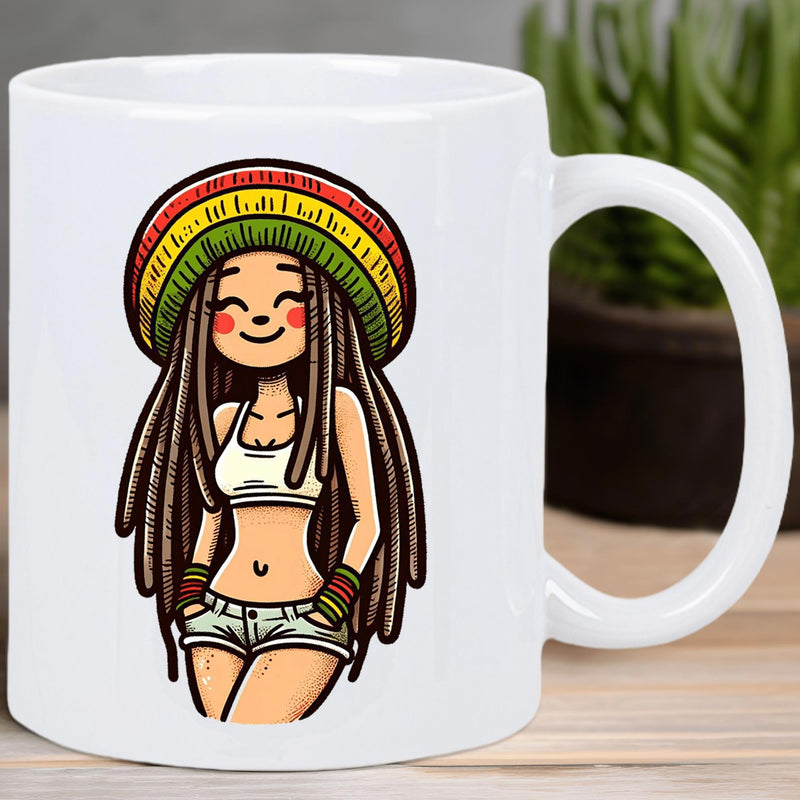 Tailorly White Ceramic 11 oz Mug - Vibrant Cartoon Character With Long Dreadlocks Wearing Colorful Striped Beanie Hat Girl