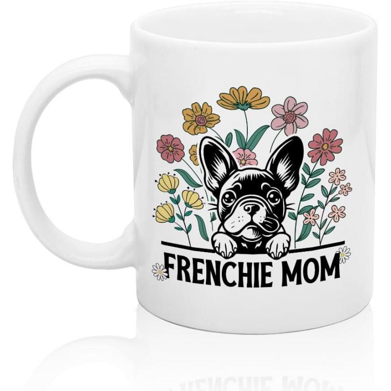 Tailorly White Ceramic 11 oz Mug - Frenchie Mom Adorable French Bulldog Peeking Through A Vibrant Floral Garden Arrangement Dog