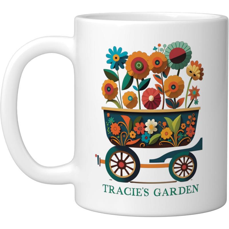 Tailorly White Ceramic 11 oz Mug - Tracies Garden Colorful Folk Art Flowers Blooming Inside A Decorative Vintage Style Cart