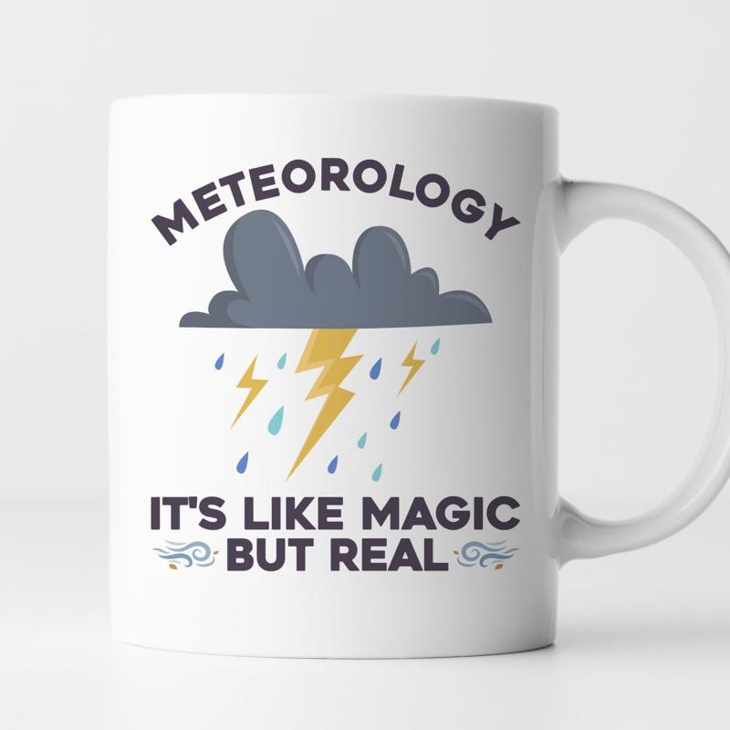 Tailorly White Ceramic 11 oz Mug - Meteorology It's Like Magic But Real Dark Gray Storm Cloud With Striking Yellow Lightning And Blue Rain Mug