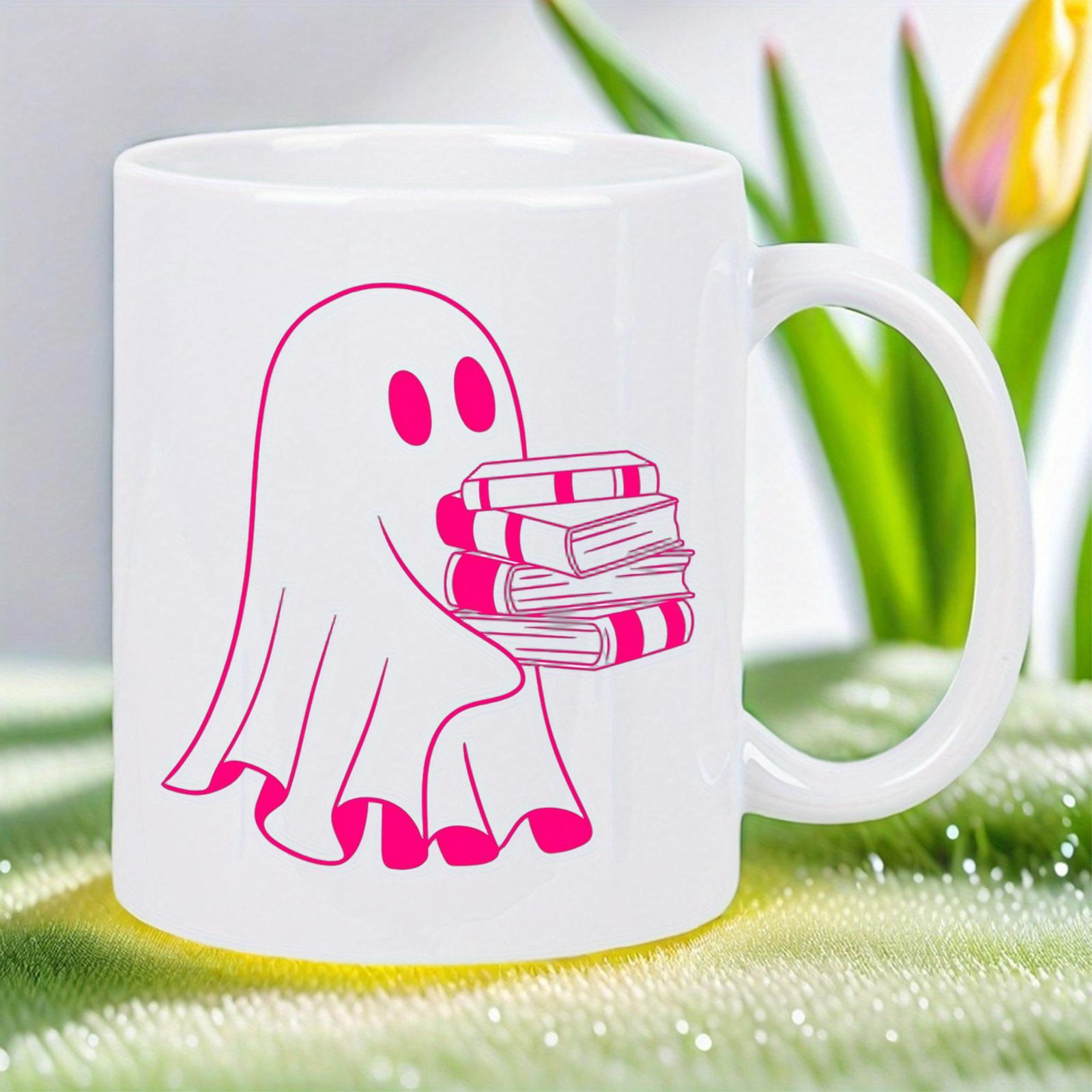 Tailorly White Ceramic 11 oz Mug - Charming Pink Line Art Minimalist Figure Carrying A Stack Of Books Ghost