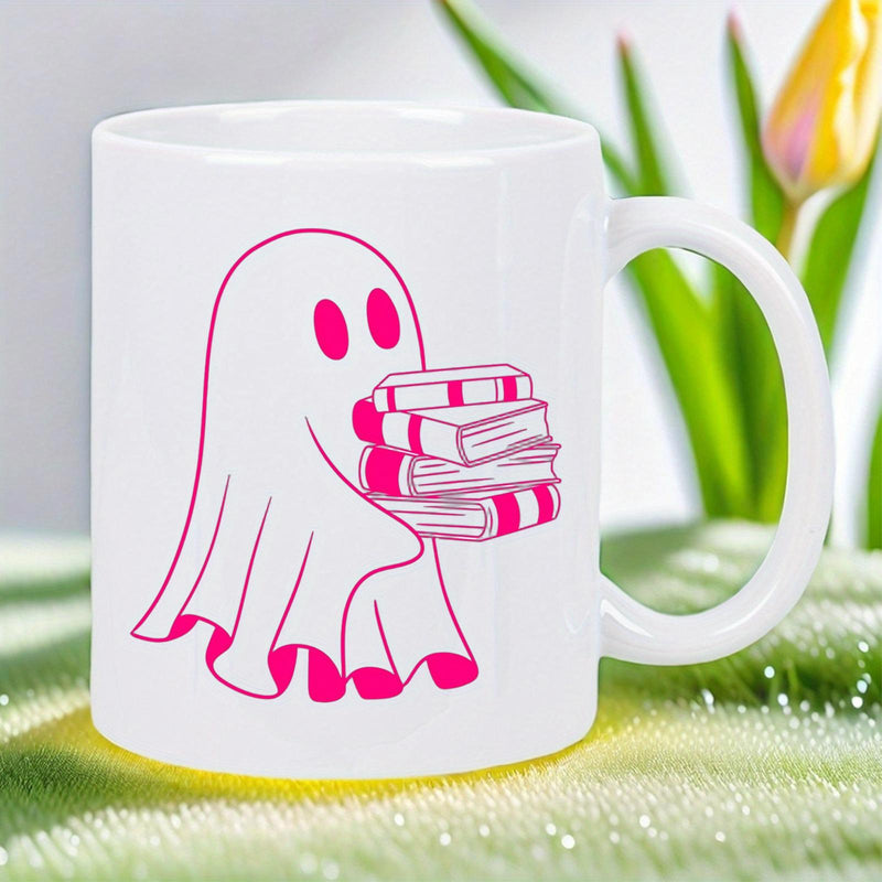 Tailorly White Ceramic 11 oz Mug - Charming Pink Line Art Minimalist Figure Carrying A Stack Of Books Ghost