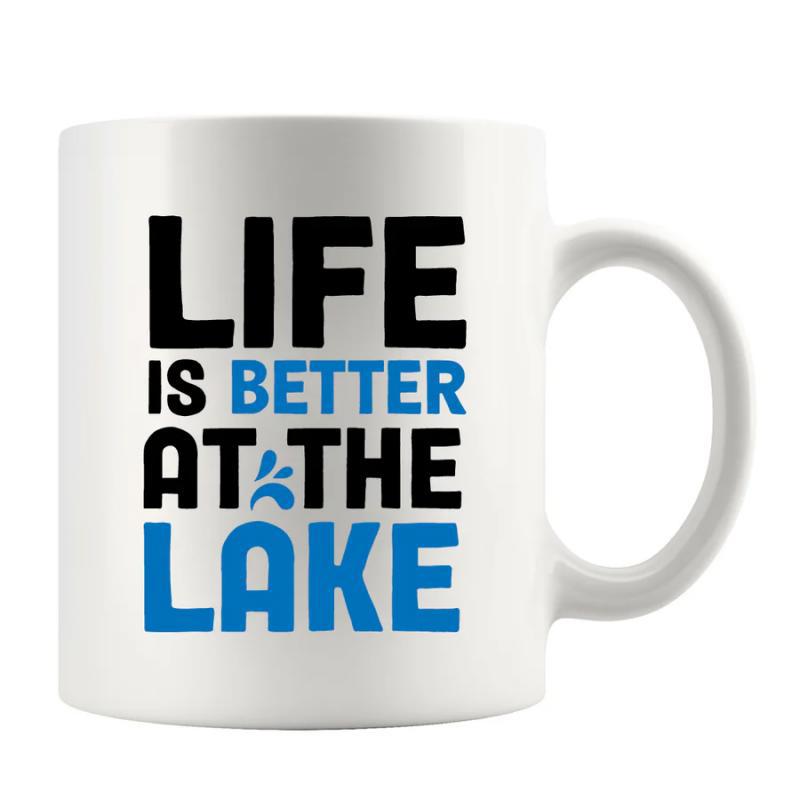 Tailorly White Ceramic 11 oz Mug - Life Is Better At The Lake Minimalist Bold Typography With Refreshing Blue Water Splash Sign
